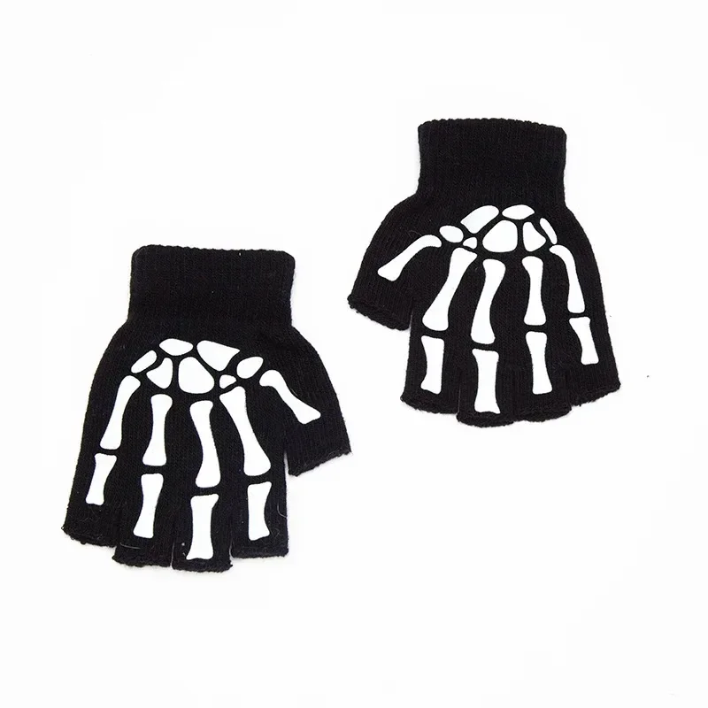 Unisex Adult Halloween Skeleton Skull Half Finger Gloves Glow in the Dark Fingerless Stretch Knitted Winter Mittens