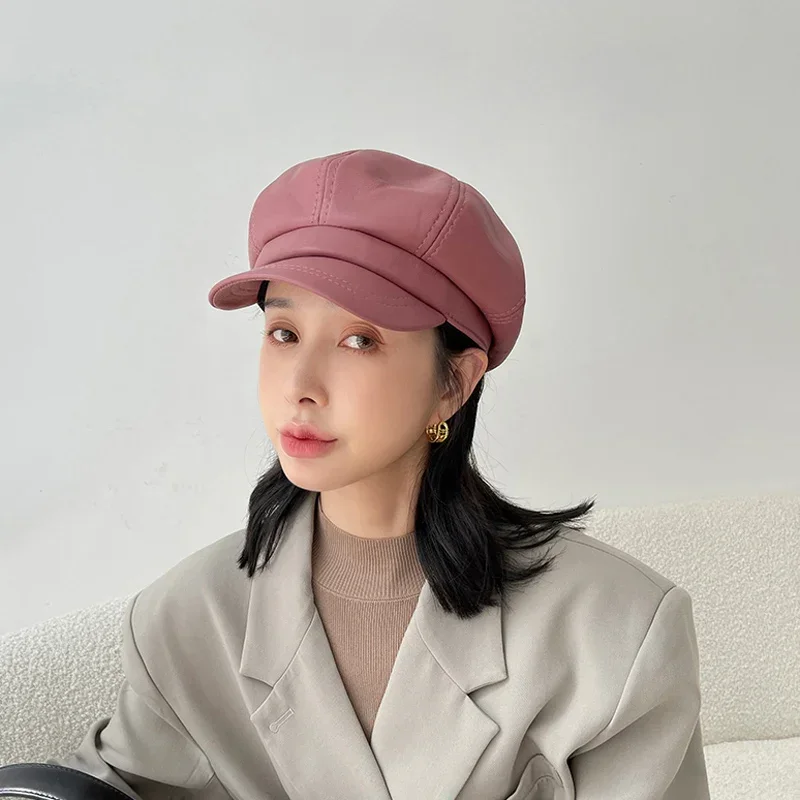 French Fashion Literary Beret Caps For Women Spring Genuine Leather Powder Painter Hat Elegant Octagonal Peaked Casquette Femme