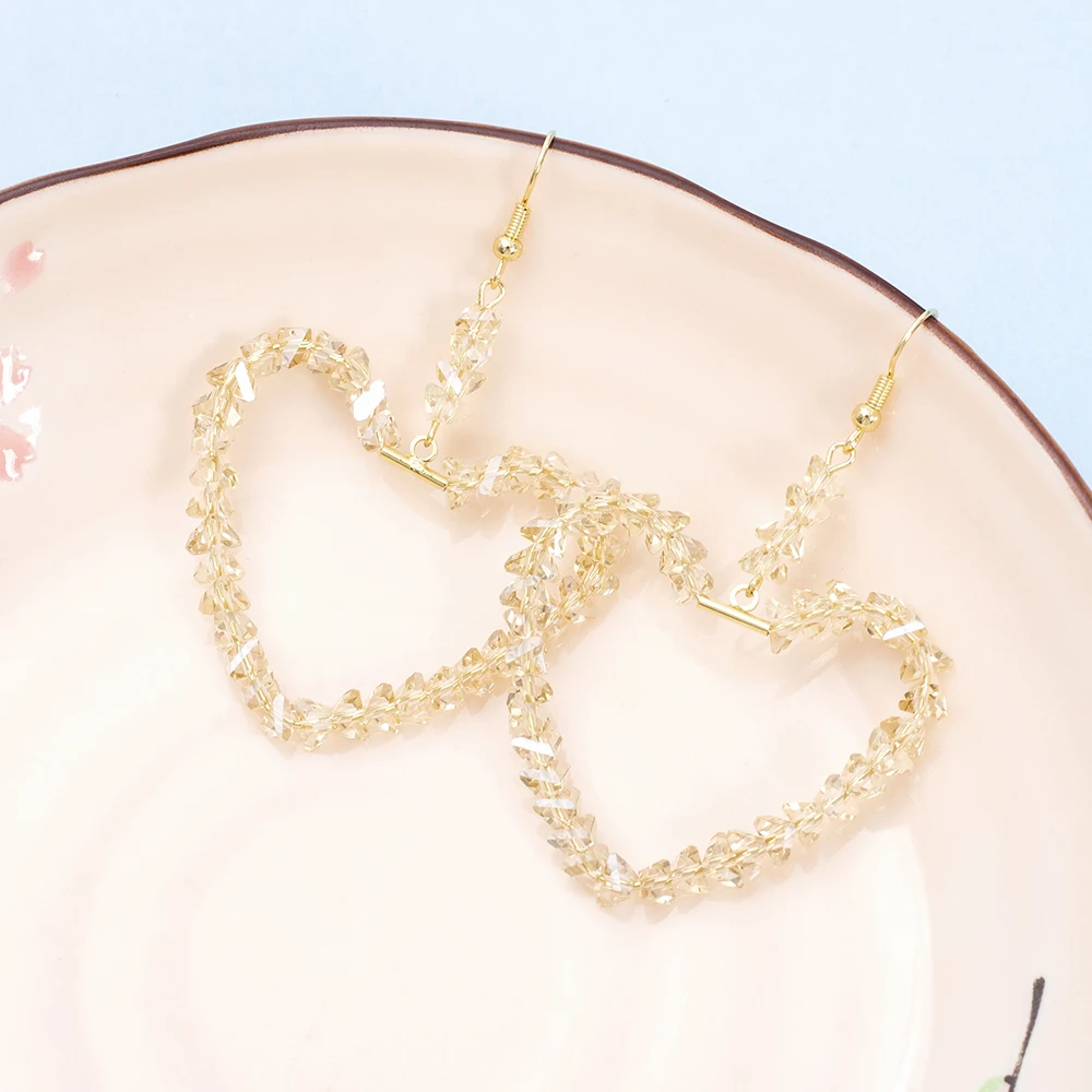 Shiny Glass Handmade Beaded Large Heart Earrings For Women Luxury Imitation Crystal Party Vacation Jewelry Wedding Decoration