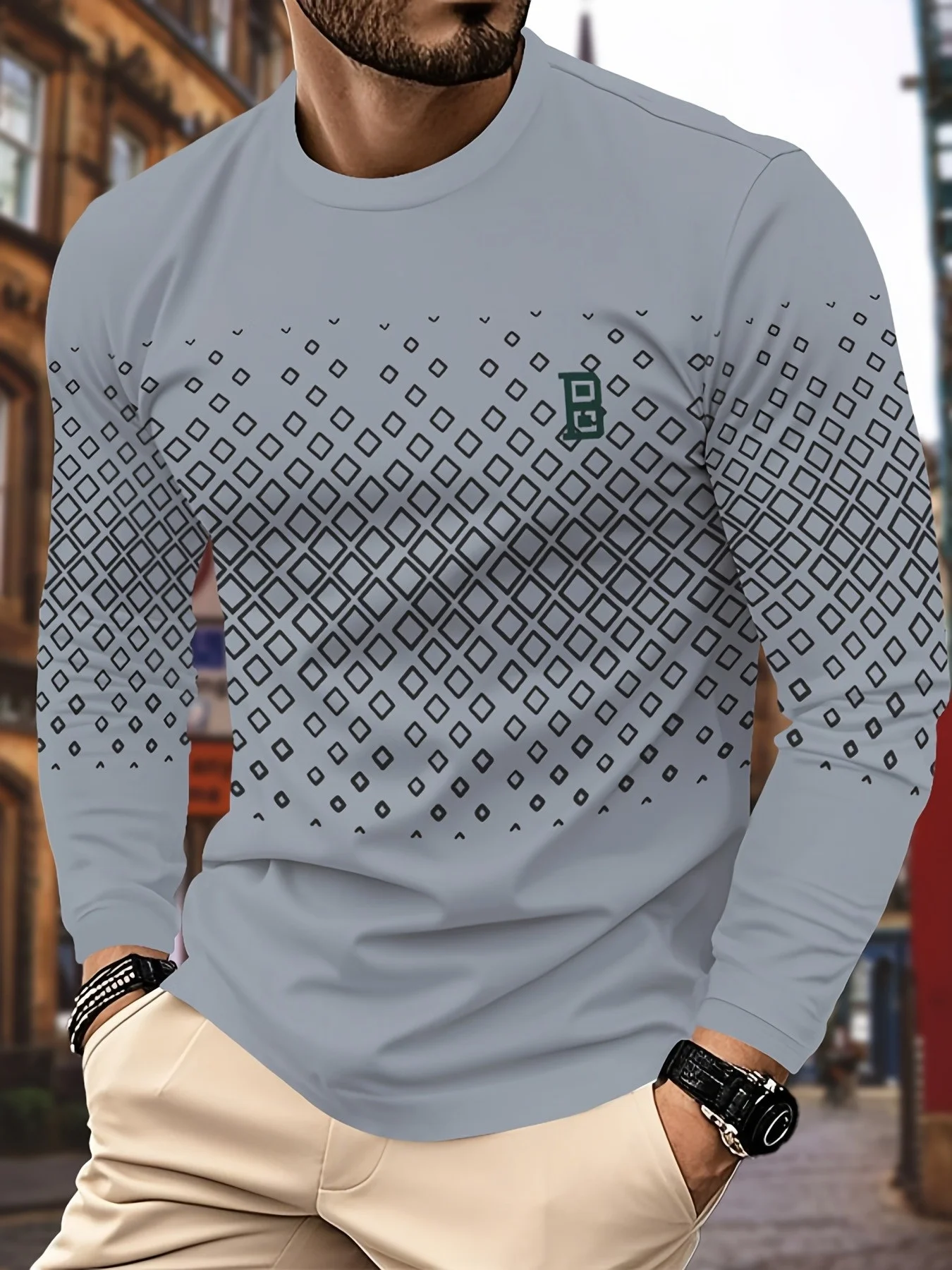 Men’s Long Sleeve Diamond Geometric Print T-Shirt Regular Fit Casual Crew Neck Tee For Running Workout Fashion Unisex Style Top