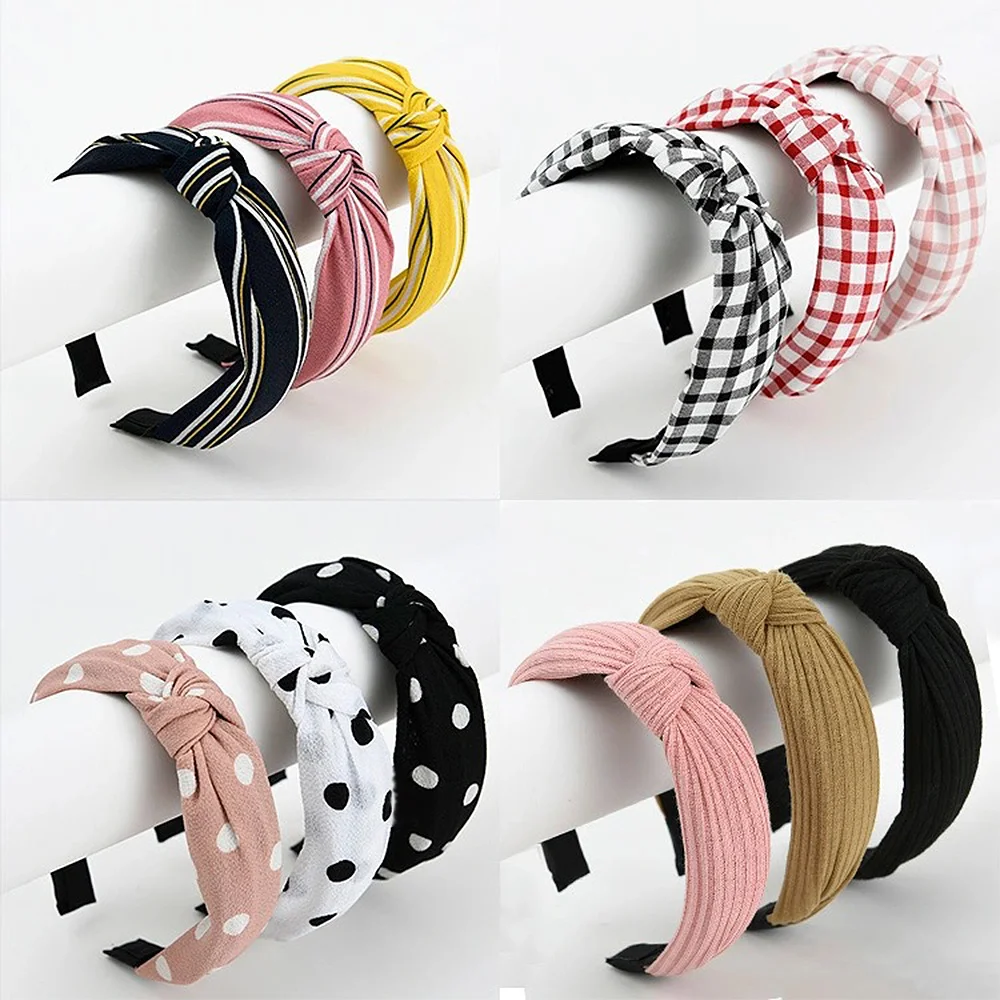 Women Elegant Top Knot Headband Print Dot Hairbands Girls Striped Plaid Flower Hair Hoop Fashion Hair Accessories FG0320