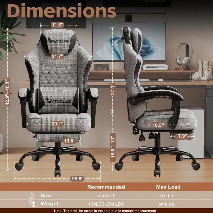 Gaming and office chair for home or workspace, linen breathable mesh fabric, gray color, with adjustable lumbar support, footre