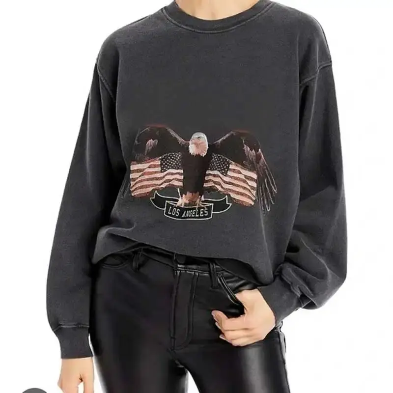 Flordevida Washed Black Eagle Graphic Printed Sweatshirt Women Crew Neck Long Sleeve High Fashion Aesthetic Sweatshirt Female