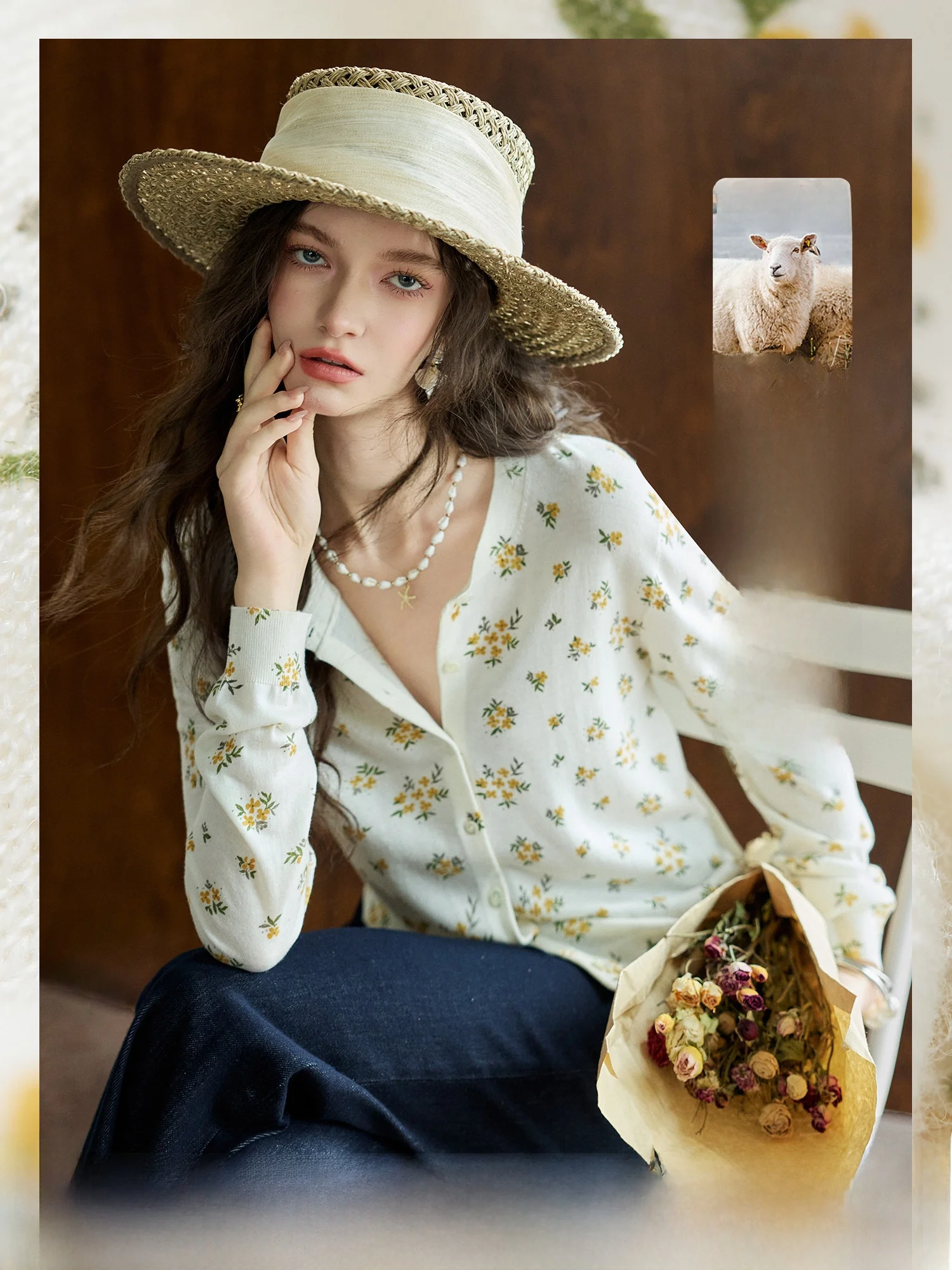 

NAGUAGU Pumpkin Valley Afternoon Tea Break Soft Warm Wool Casual Retro Print Spring New Long Sleeve Knitted Open Cardigan
