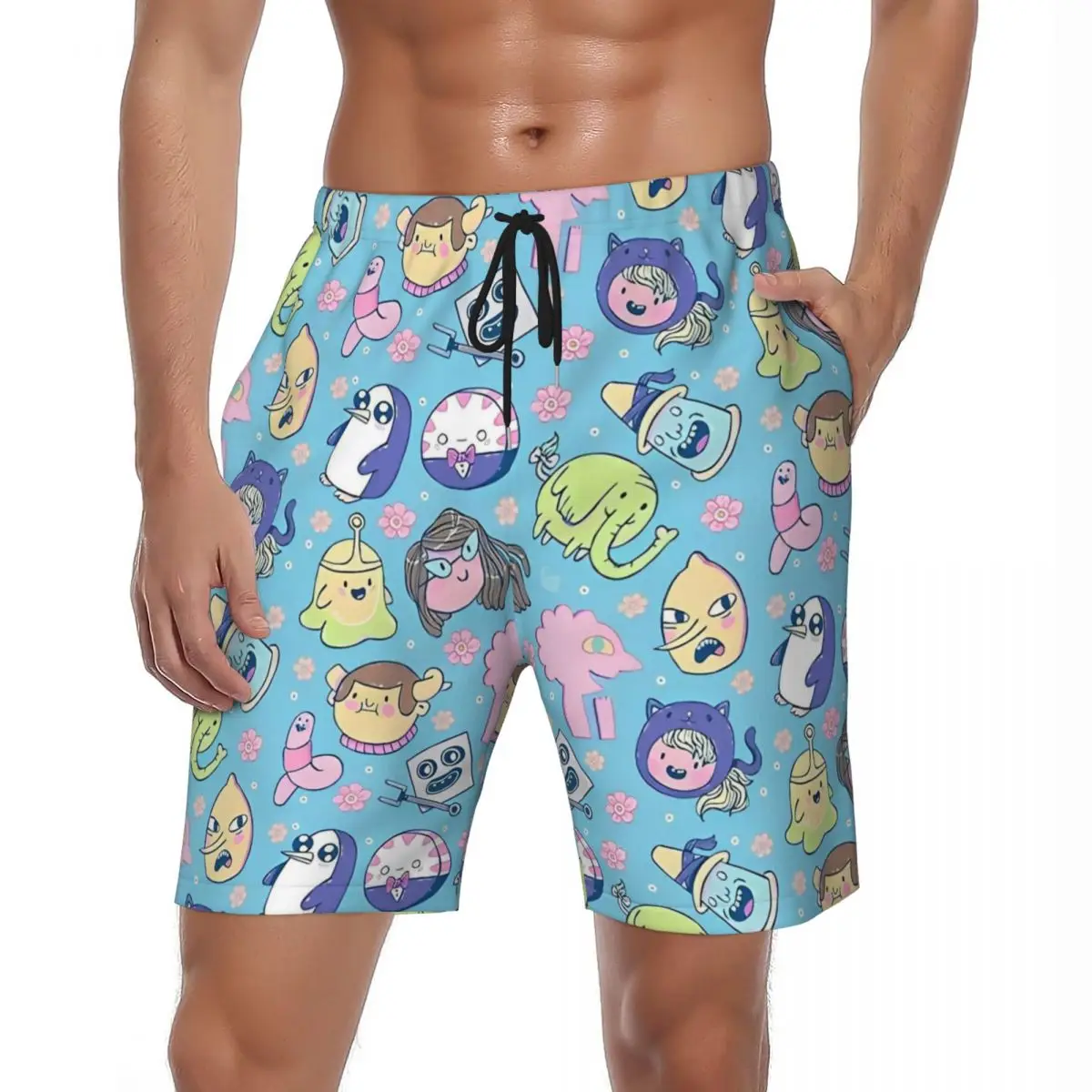 

Summer Board Shorts Male Adventure Time Friends Running Game Design Board Short Pants Vintage Fast Dry Beach Trunks Big Size