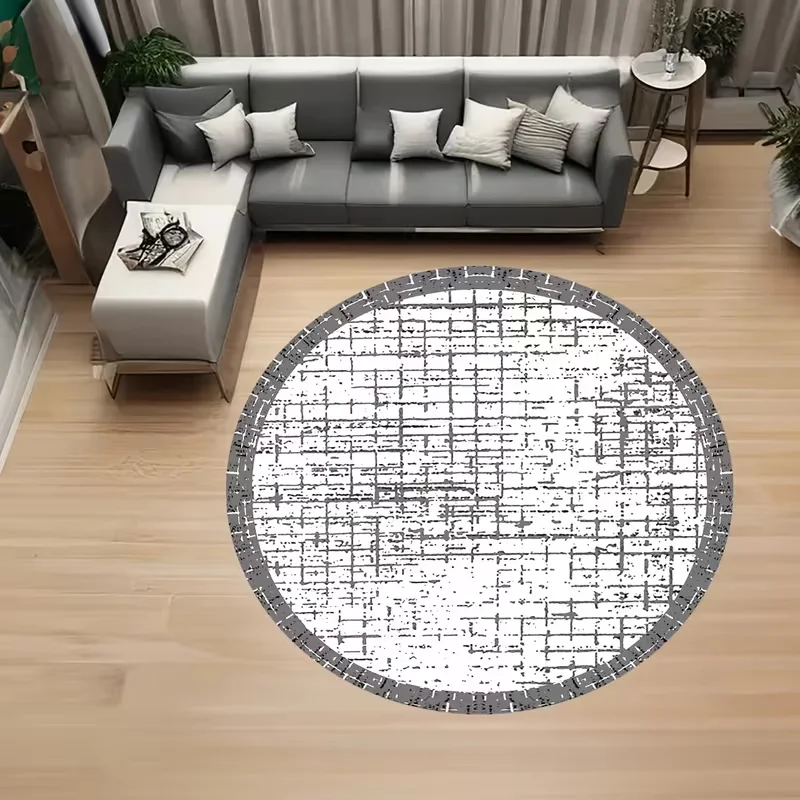 Grey Distressed Grid Border Round Rug Vintage Texture Print Circular Floor Mat for Living Room Bedroom Home Decor