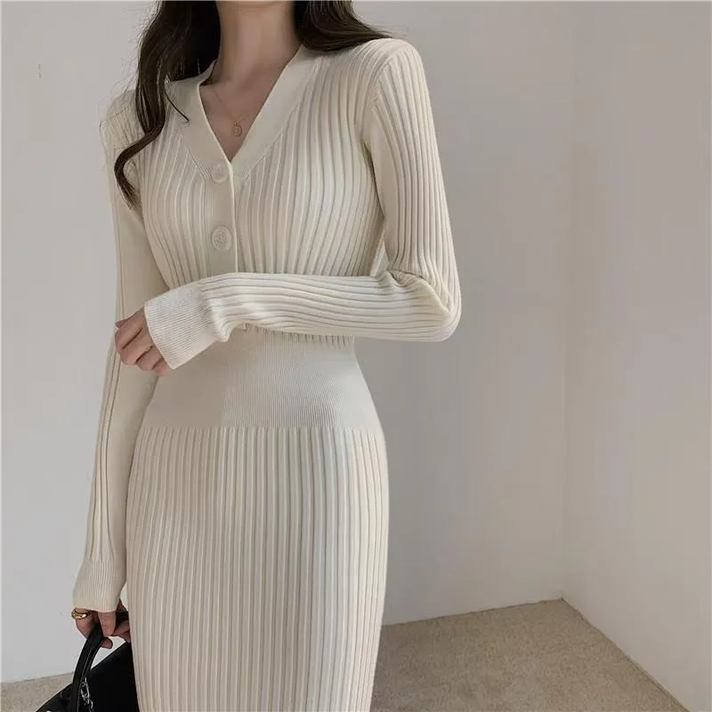 Women Spring Autumn Solid Colors Knit Sweater Dresses Slim Long Sleeve V Neck Knitted Pullover Dresses Single Button Knit Dress