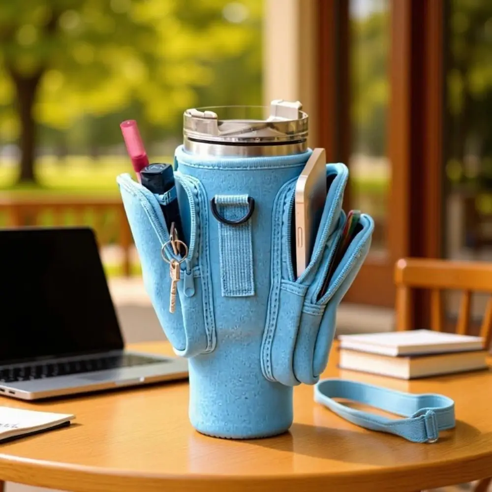 3 Pockets Water Bottle Holder Pouch With Phone Pocket with Keychain & Mountaineering Button Vacuum Cup Bag Handfree