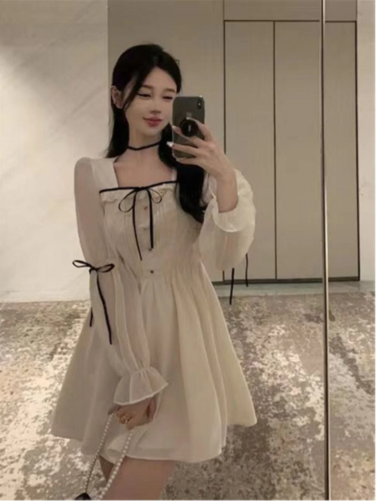 

Plus Size Slimming Square Collar Midi Dr Knot High Waist A-Line Skirt Long Sve ort Dr Commute Korean Sle