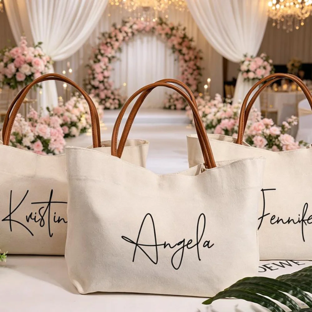 Custom Elegant Tote Bag for Women Free Print Personalized with Initials Lightweight Canvas Shopper for Wedding Party Bridesmaid