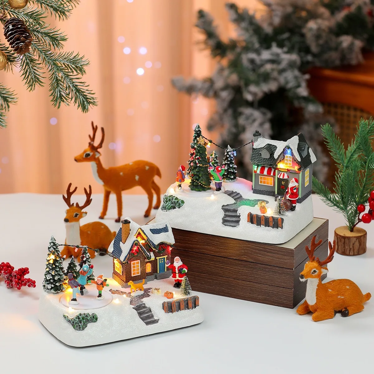 Room Light Light Up Christmas Music Box European Style Rotating Santa Doll Ornament Desktop Table Christmas Decoration Gift