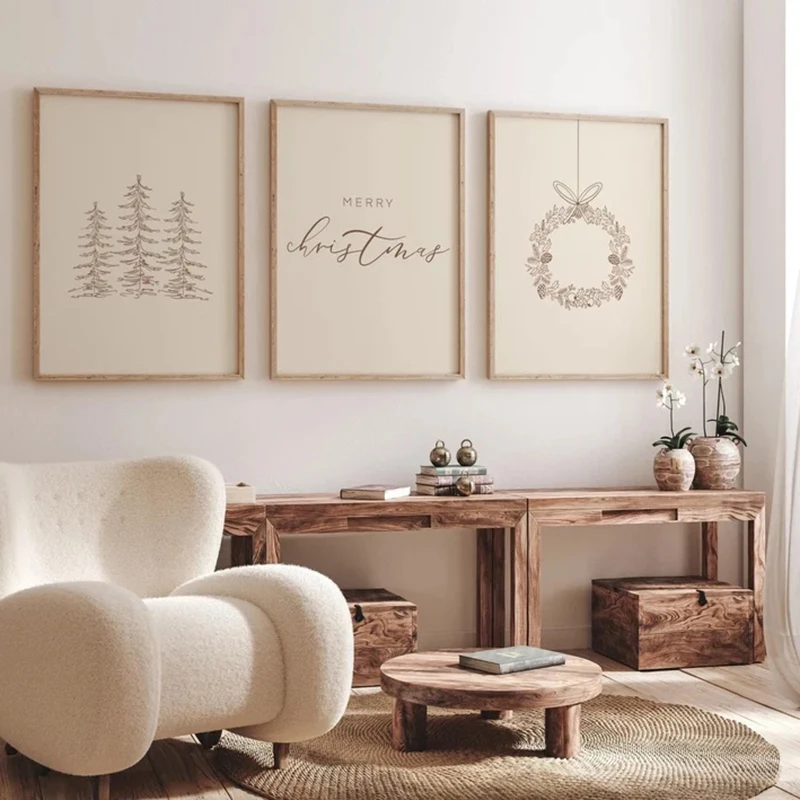 مجموعة بسيطة مكونة من 3 طباعة عيد الميلاد بدون إطار من القماش لمجموعة معرض الفنون الجدارية لعيد الميلاد المجيد. مطبوعات عيد الميلاد لديكور المنزل
