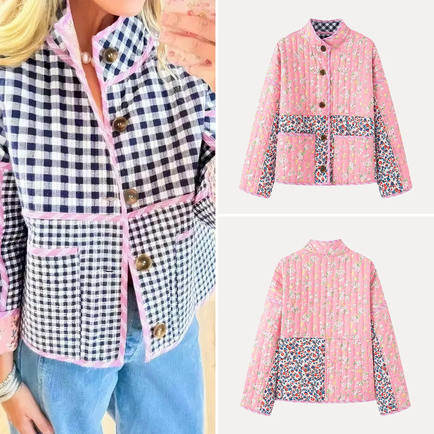 

Double-Sided Wear Floral Plaid Versatile Women's Coat 2025 Autumn New Sle Stand Fit Long Sve Button Closure Outerwear