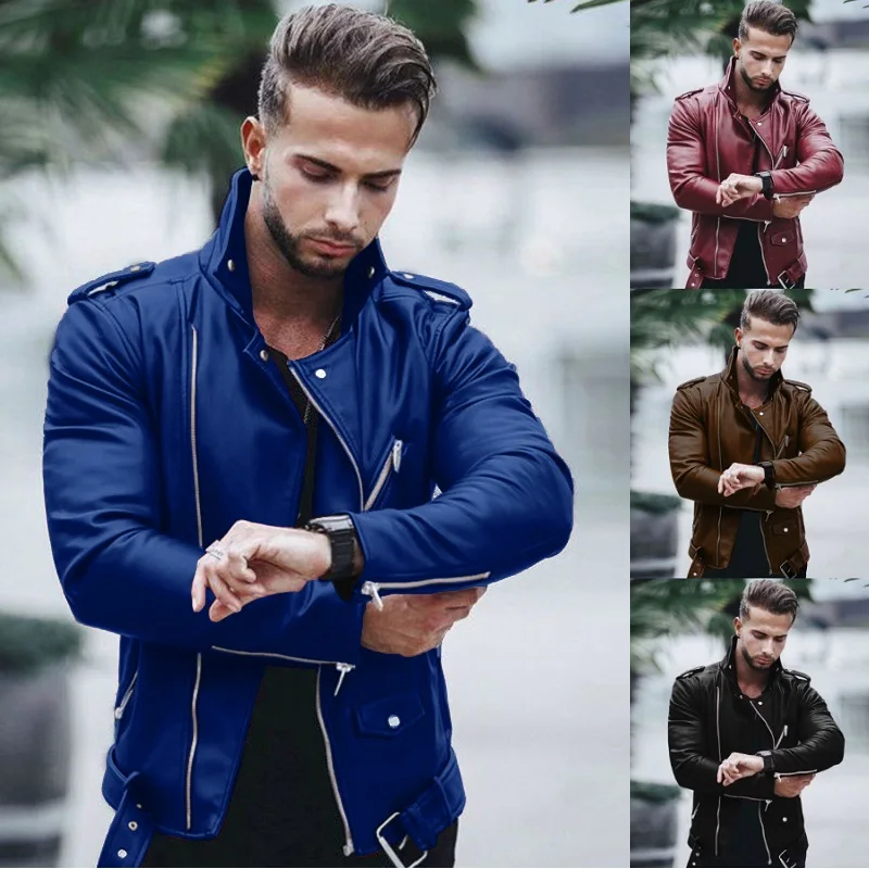 New autumn and winter Europe and the United States fashion leather men's large size lapel zipper motorcycle leather jacket