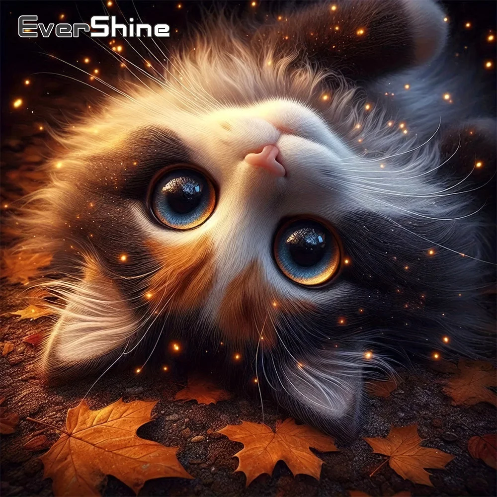 EverShine Diamant-Stickerei Tier-Mosaik Katze Vollquadratisch 5D DIY Bild Strass Diamantmalerei Ahornblatt Heimdekoration