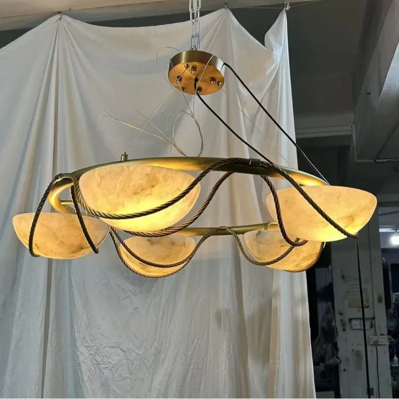 French Style Natural Marble Ring Chandelier for Living Room Villa Dining Area Tea Room Artistic Lighting Fixture