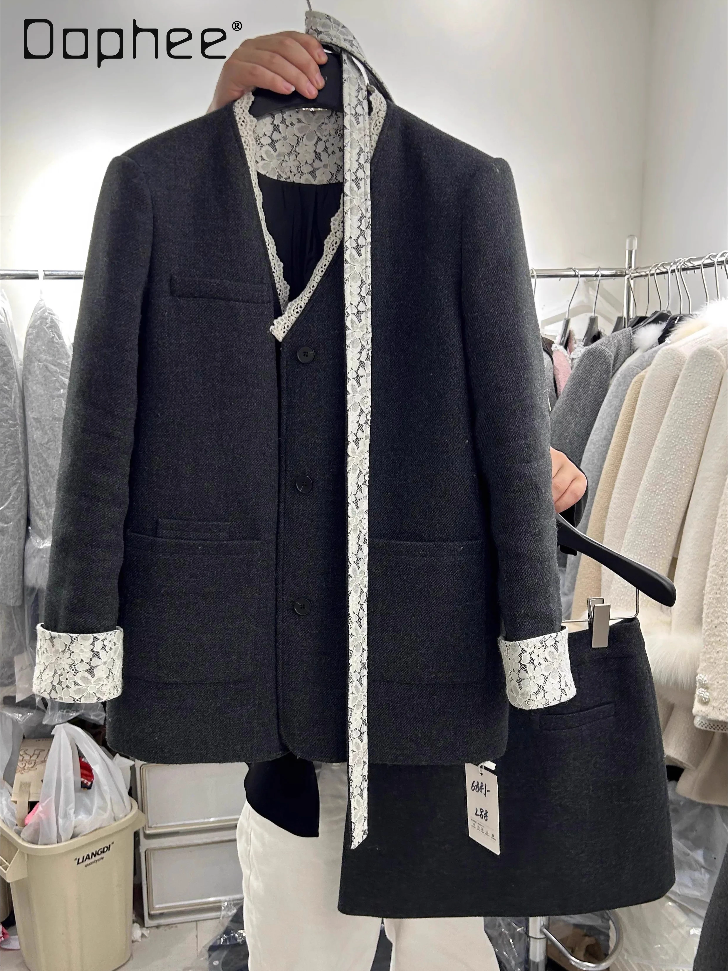 

Winter New Korean Ins Fashion Sweet Lace Streamer Temperament V-neck Suit Tweed Coat High Waist Mini Skirt Two-piece Set Women