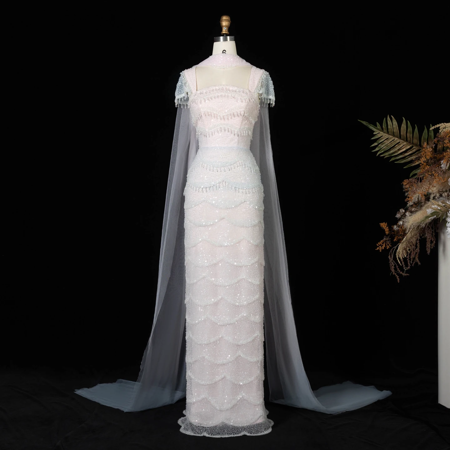 Sharon Said Luxury Gradient White Square Neck Mermaid Evening Dress With Long Tulle Cape Formal Party Gowns SS523 Customized