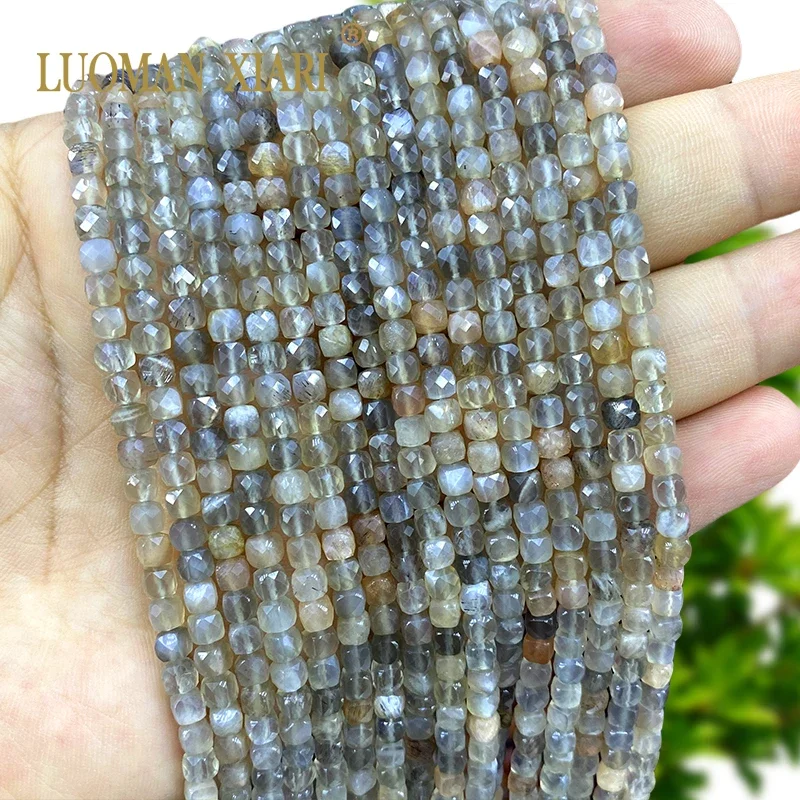 4x4mm Natural Stone Faceted Cube Colorful Sunstone Moonstone Square Spacer Beads for Jewelry Making Diy Bracelet Accessories