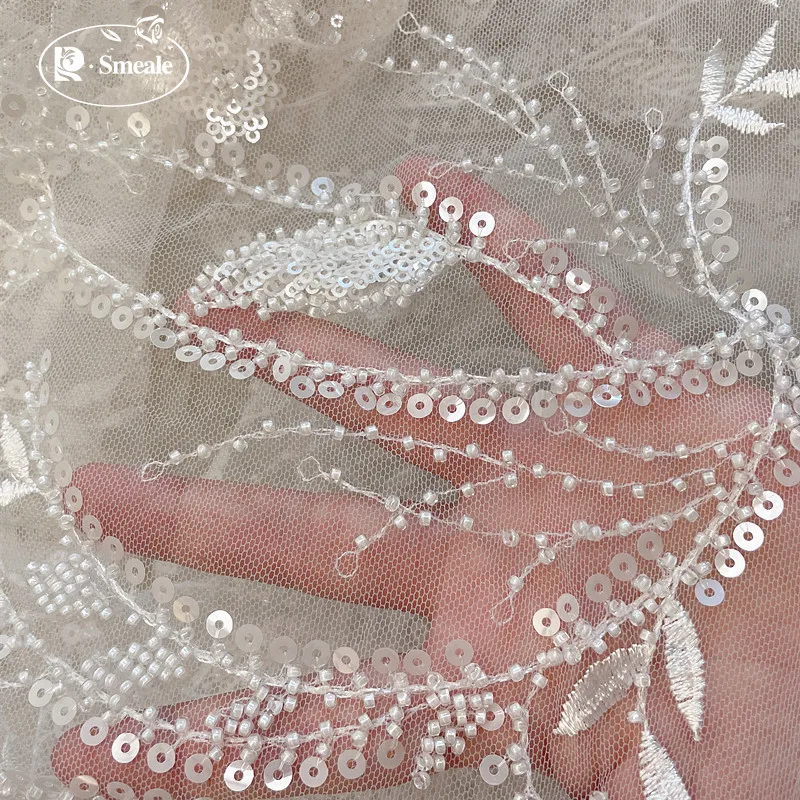 Beaded Shiny Bridal Lace Fabric, Sequined Mesh Embroidery Fabric, Off White Flowers, Branches and Leaves, New Style