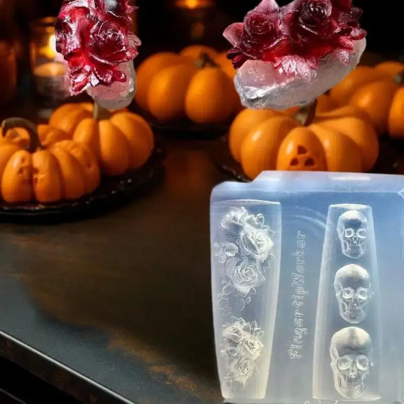 قوالب فنية للأظافر من السيليكون DIY بتصميم زهرة الورد والجمجمة، قوالب نحت شفافة لتقليم الأظافر الفريدة