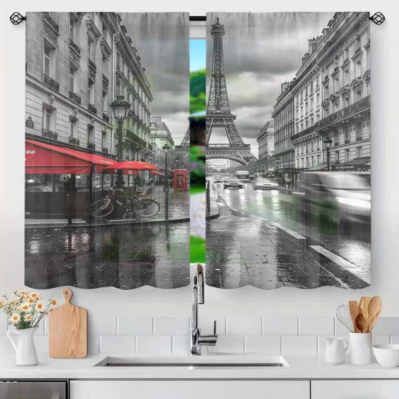 Parisian Street View Window Curtains Eiffel Tower Art Decor Black and White Cityscape Photo Print Room Divider Home Decoration
