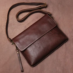 LUOKIR Vintage Genuine Leather Crossbody Bag Men's Fashion Simple Shoulder Messenger Bags Casual Luxury Flap Cowhide Clutch Bag