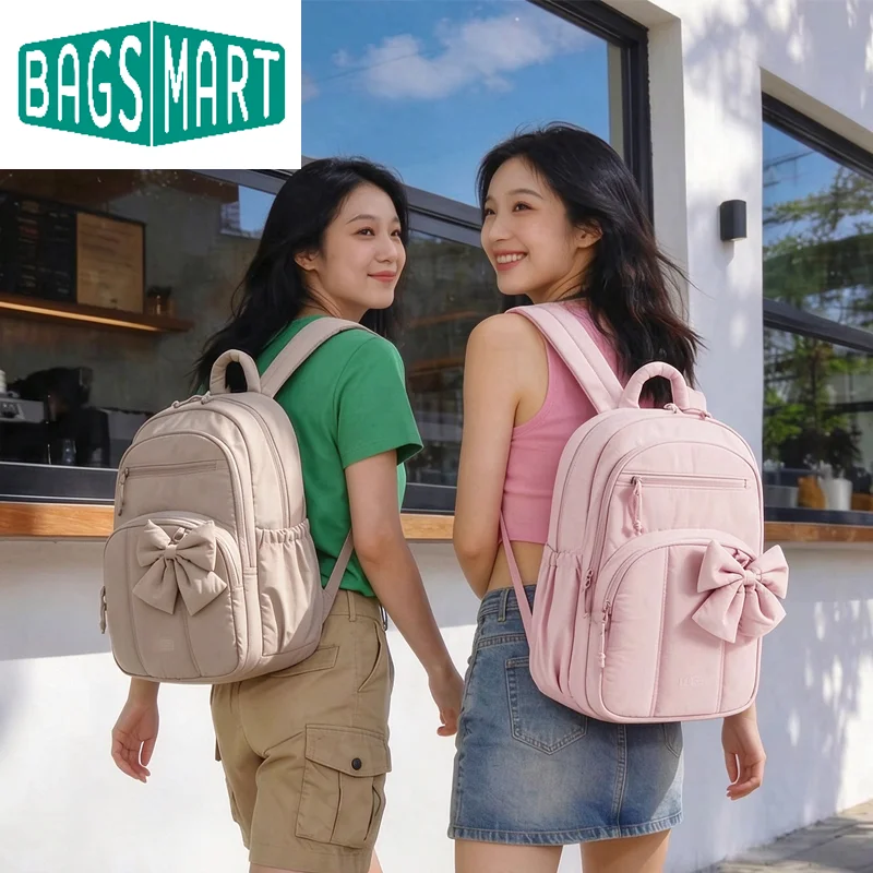 BAGSMART Cute Bow Women Laptop Backpack 15.6 Inch College Daypack Multi-Pocket Casual Rucksack with Padded Laptop Sleeve