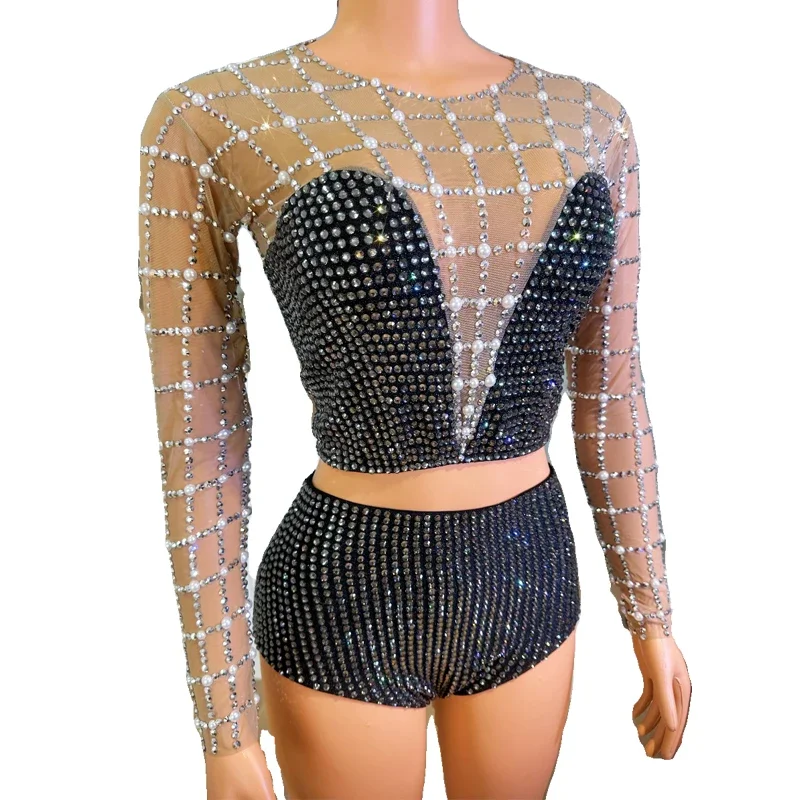 Glanzende Pole Dance Outfit Sexy Strass Top Shorts Vrouwen Party Gogo Dance Kostuum Bar Nachtclub Ds Dj Rave Kleding XS7425
