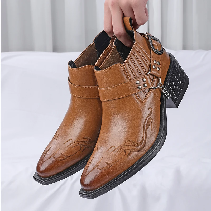 Men High Top Boots PU High Heels Pointed Embroidery Fashionable Casual Men Boots Size 38-46
