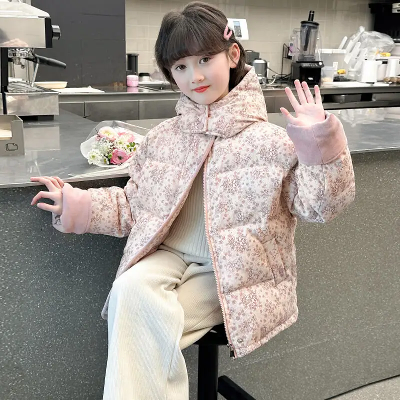فتاة ملابس قطنية خريف شتاء جديد Kawaii الأزهار القطن معطف رشاقته القطن وسادة مبطنة معطف مقنع ملابس الأطفال