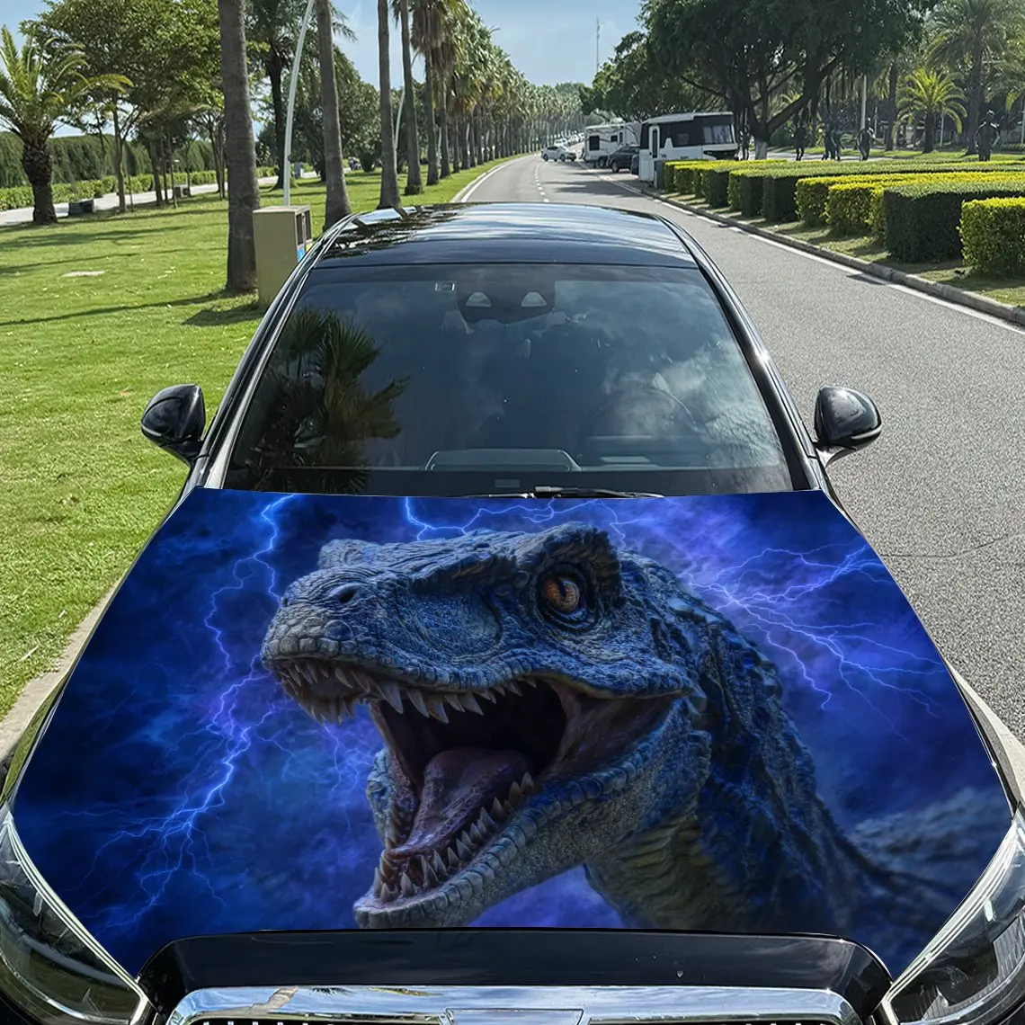 

Car Decals Dinosaur with a Striking, Electric - Themed Artistic Design, Appearing Ferocious and Full of Primitive Power Car Hood
