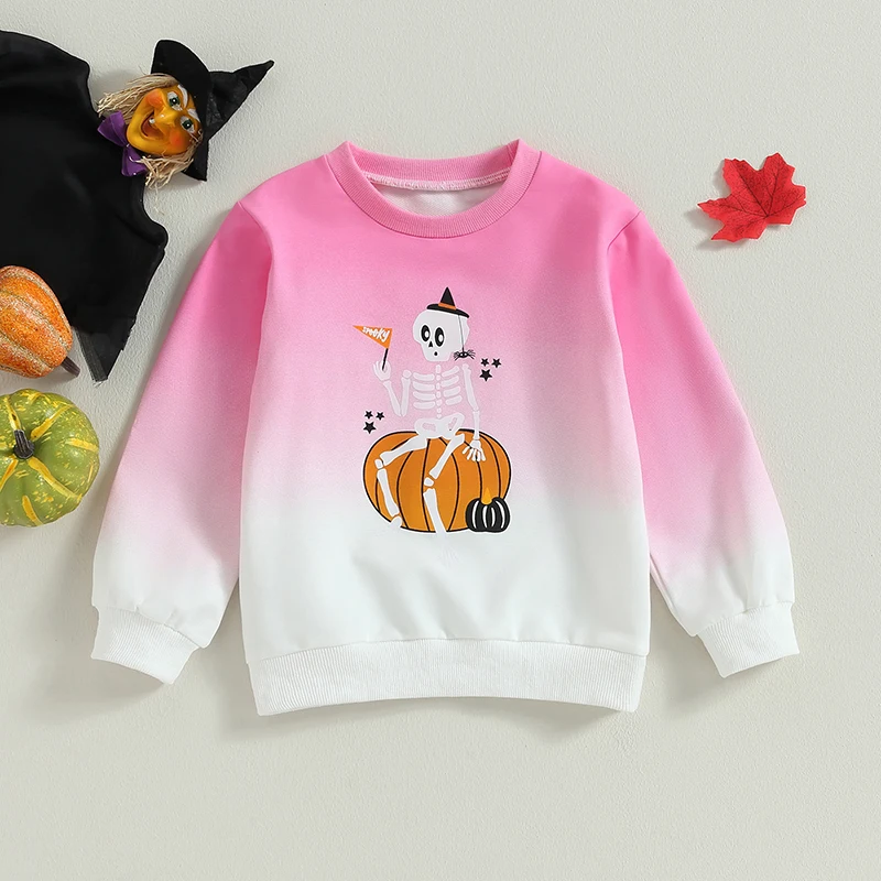 

3-7Y Halloween Kids Girls Sweatshirt T Shirts Long Sleeve Skeleton Pumpkin Tie-Dye Print Pullover Tops Party Clothes