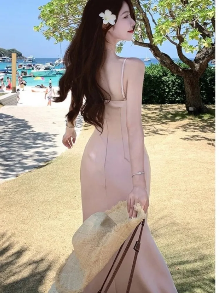 Sexy Backless Satin Straps Midi Dresses for Women Summer Elegant Party Sleeveless Female Beach Holiday Pink Clothing