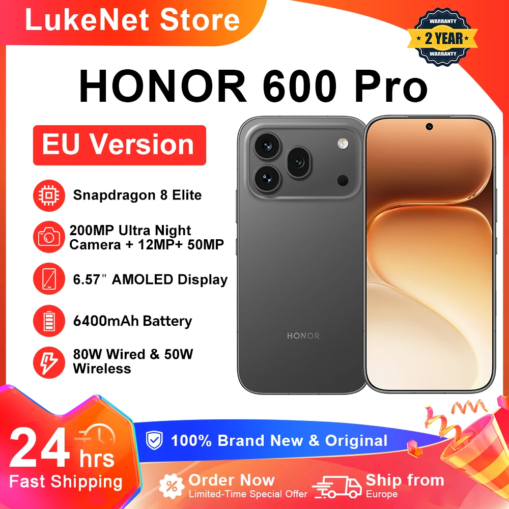 HONOR 600 Pro 5G Smartphone Snapdragon 8 Elite 200MP AI Ultra Night 6400mAh 80W Supercharge 50W Wireless 6.57" AMOLED Pulsante AI