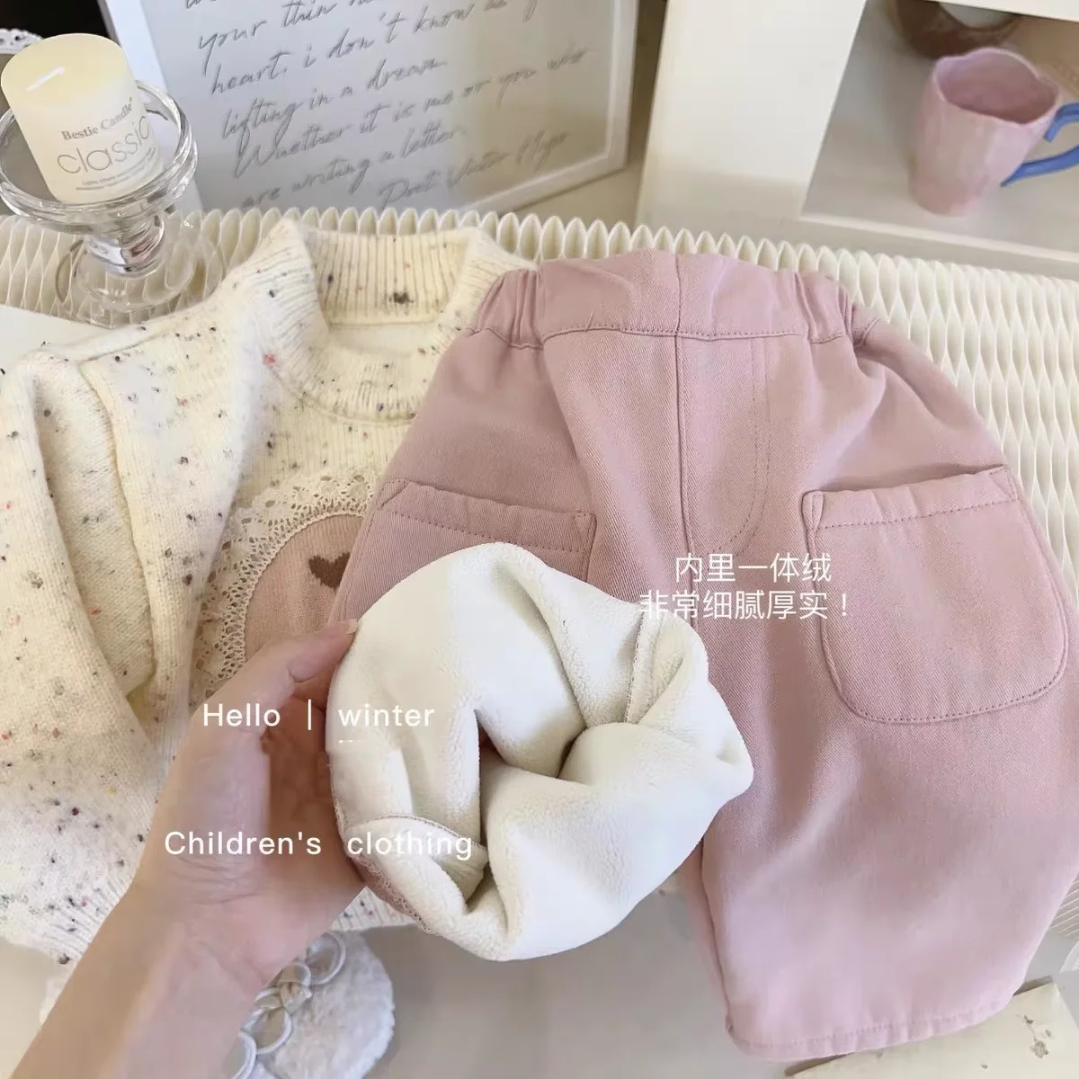 Girls Fleece Lined Pants Autumn Winter 2026 New Baby Girl Pink Casual Straight Leg Trousers Thick Warm Children Long Pants 4