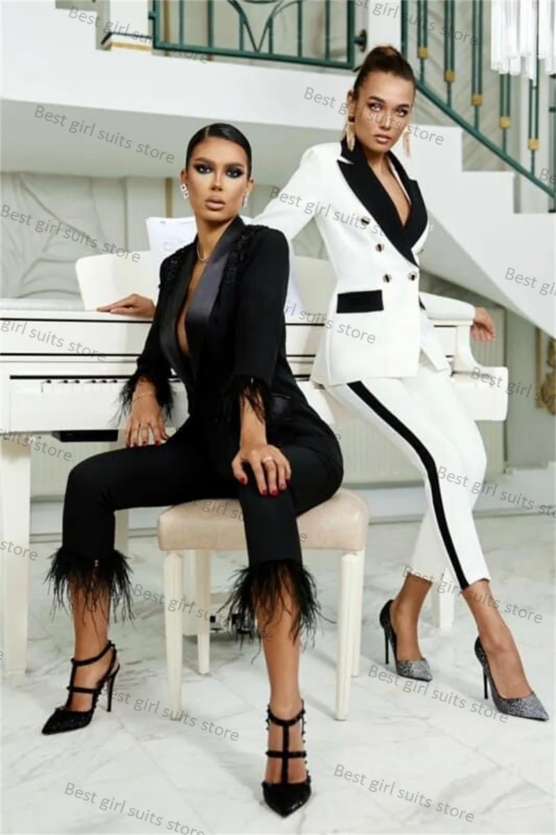 Wit Zwart Damespak Broek Set 2 Stuks Jas + Broek Formele Office Lady Blazer Splicing Kleuren Bruiloft Op Maat Prom Coat