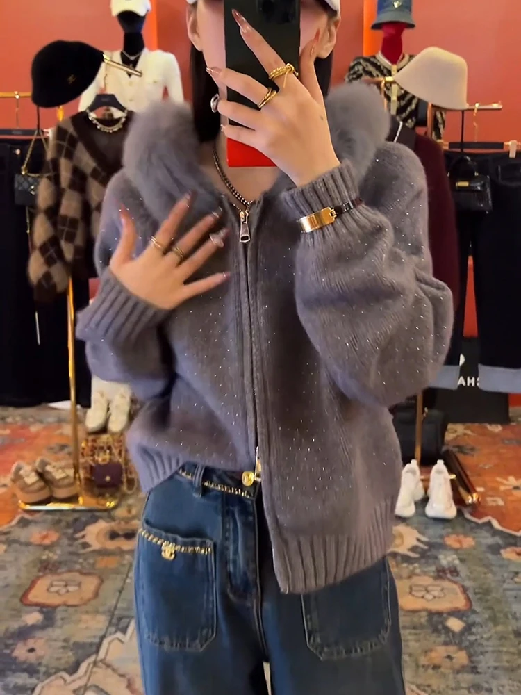 

Корейская шапка для ленивых и насыщенных девушек, свитер на молнии с капюшоном, кардиган, пальто, осень-зима, элитная вязаная женская мода