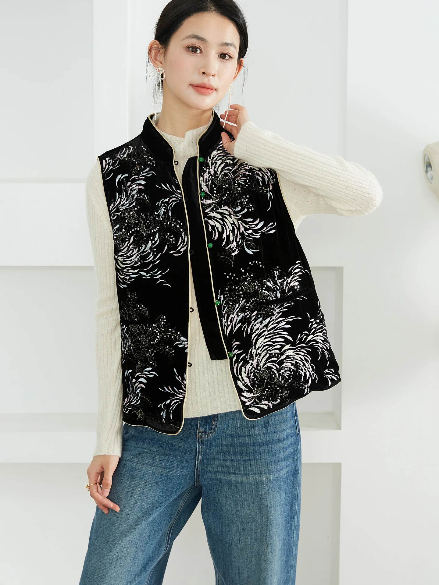 

Heavyweight Velvet Embroidered Pearl down Jaet Women's Thiened Goose down Vest Winter Outerwear Warm Sli Pure Color