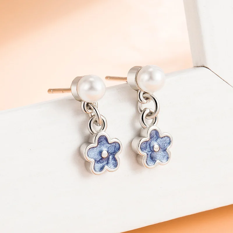 Sterling Silver Color Pearl Blue Flower Ear-Sticks Women's Earrings Fashion Jewelry