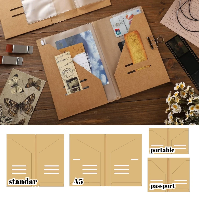 Kraft Paper File Holder For Travel Journal Notebook Accessory Vintage Retro Card Pocket Storage Standard/Pocket/Passport