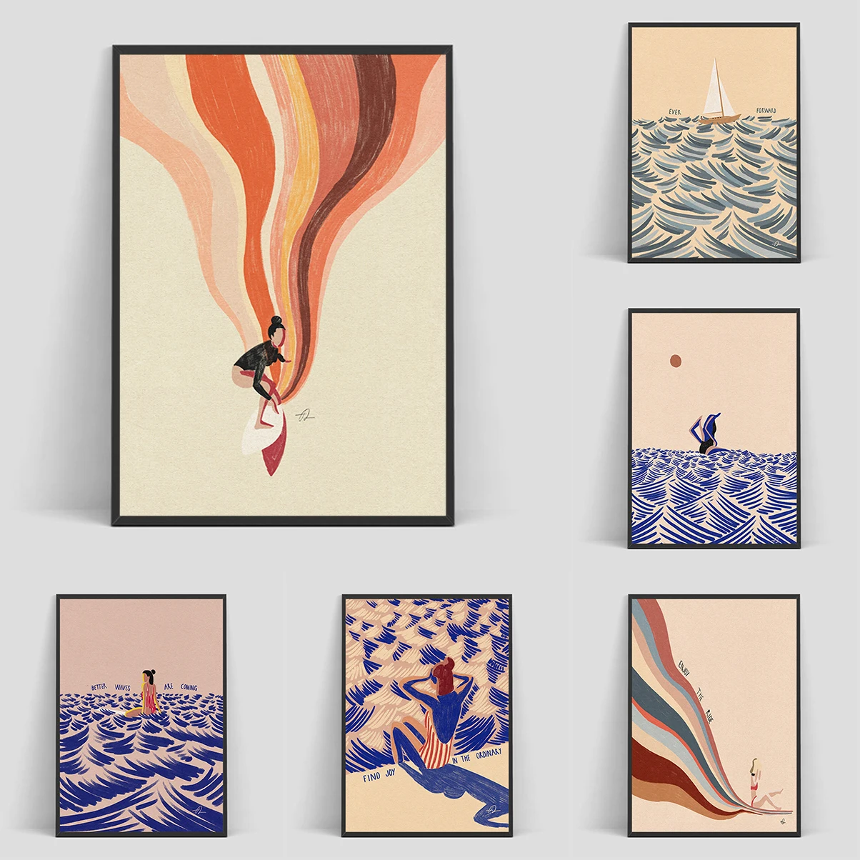 

Nordic Minimalistic Art Surfing Paddling Swimming Sea Wave Print Poster Canvas Painting Abstract Wall Art for Room Home Decor