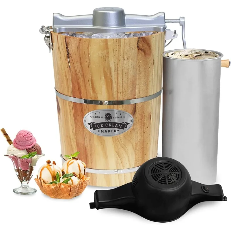 Elite Gourmet Old Fashioned 6 Quart Vintage Wood Bucket Electric Ice Cream Maker Machine, Die-Cast Hand Crank for Churning