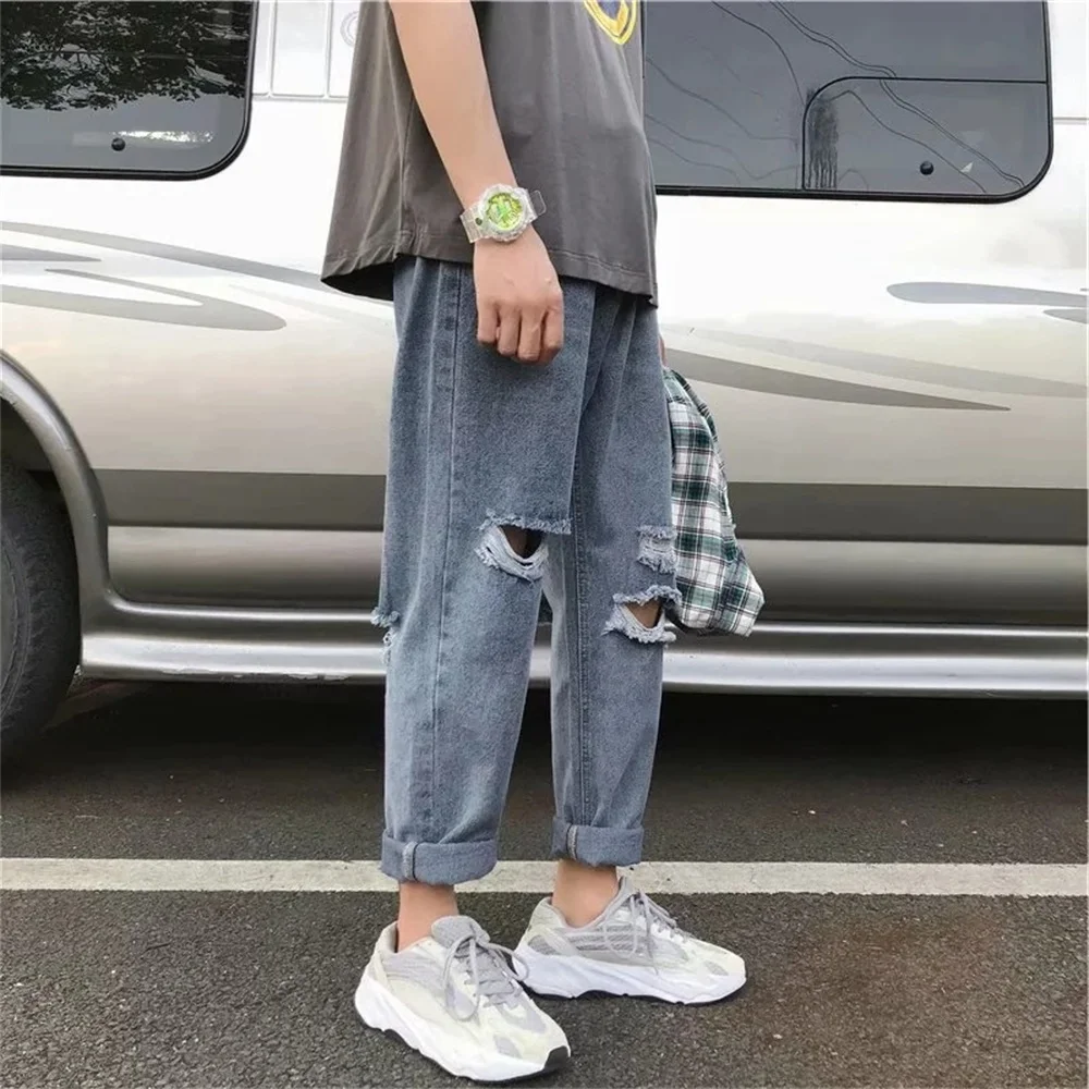 Jeans skinny en denim avec trou au genou pour hommes, pantalons crayon pour adolescents, vêtements de cow-boy hip hop, streetwear de printemps et d'été, nouveauté