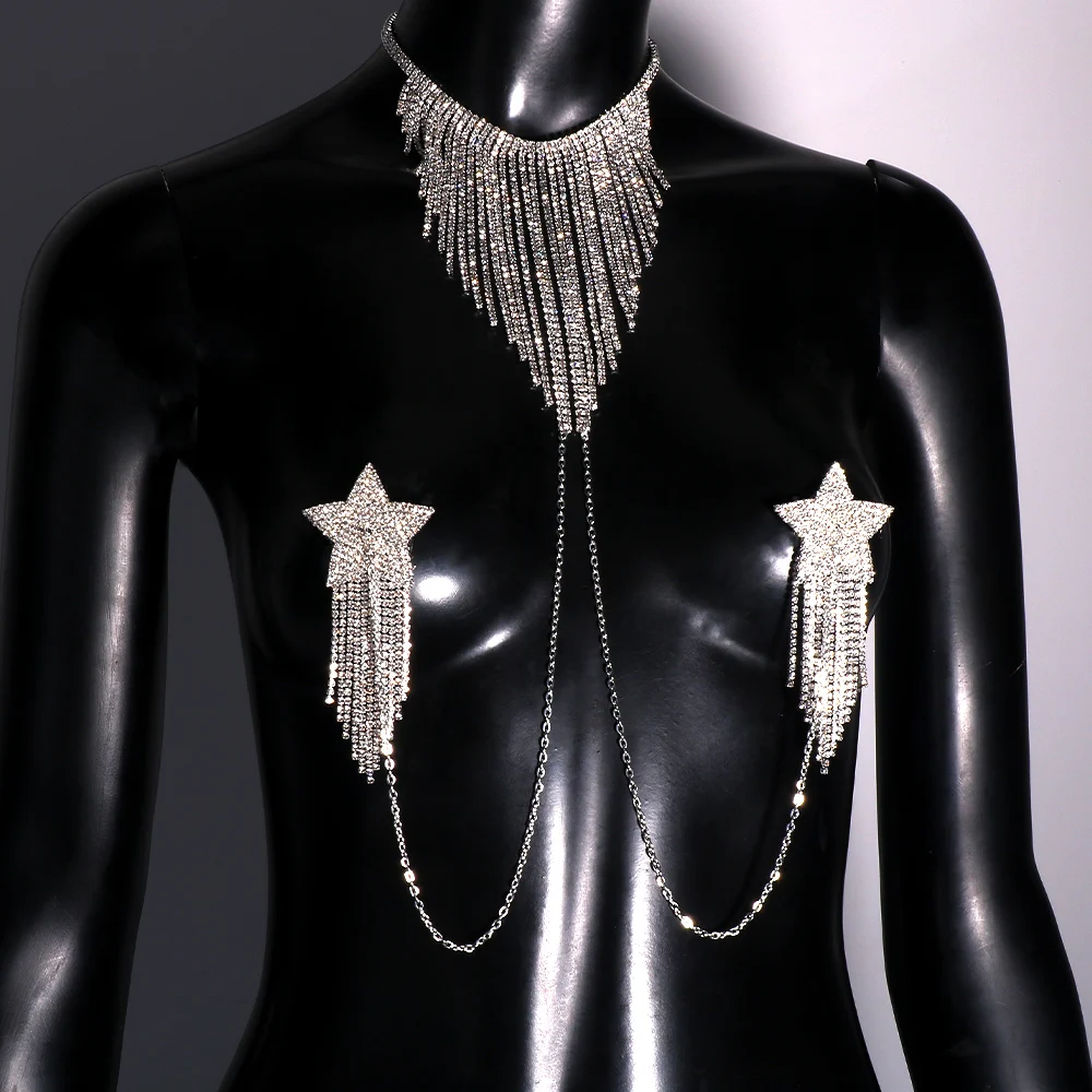 Fashion Crystal Tassel Necklace Chain Star Chest Stickers Adhesive Sexy Rhinestone Body Jewelry Women Nipple Covers Accessories