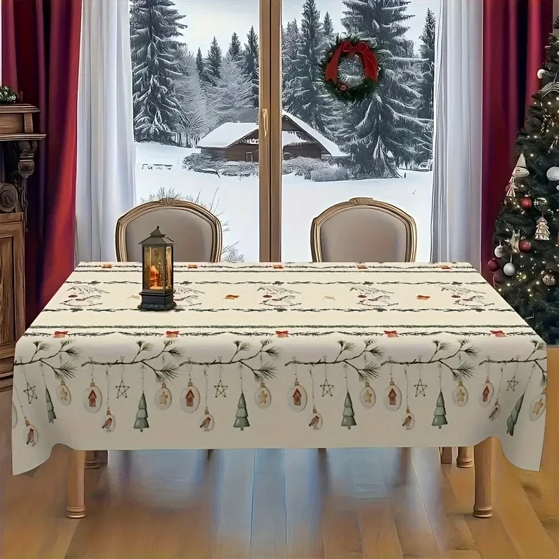 One piece of linen Christmas tablecloth - Classic holiday decoration, featuring a green wreath,