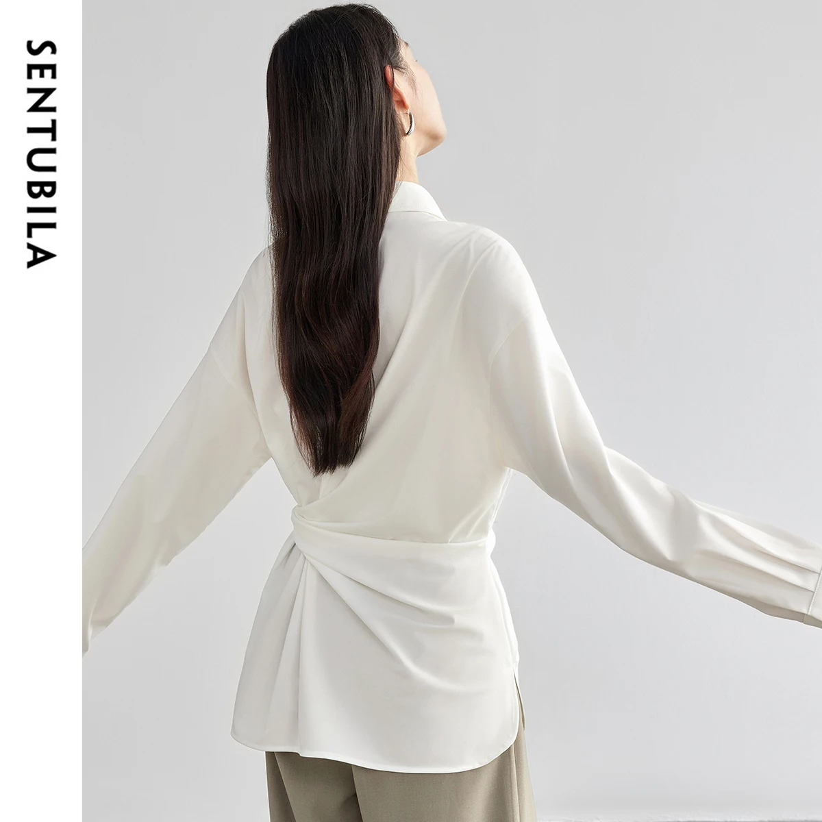 SENTUBILA Women's Shirt Waist Cinching Spring New Lace-up Long Sleeve Turn Down Collar Design Sense Top Slimming Shirt 151C57886