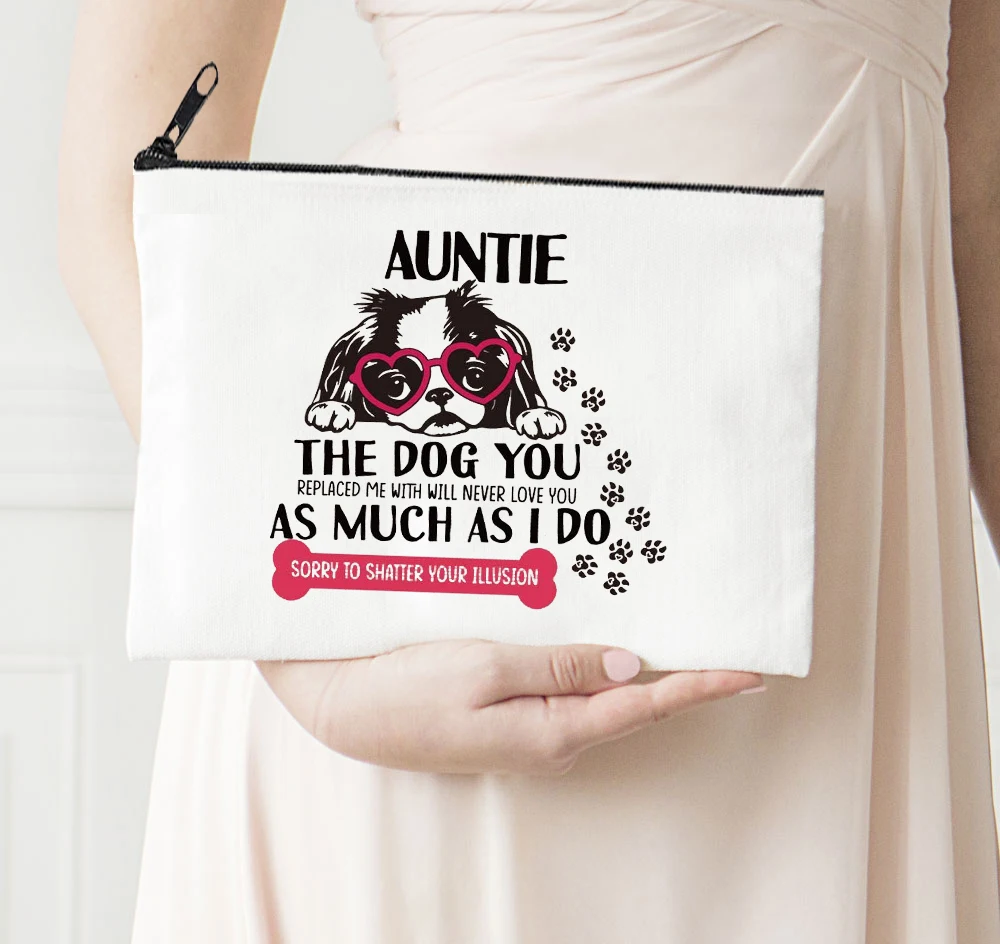 

Auntie Dog Print Cosmetic Makeup Bag Canvas Organizer Zipper Pouch Love Dog Casual Travel Portable Storage Purse Letter