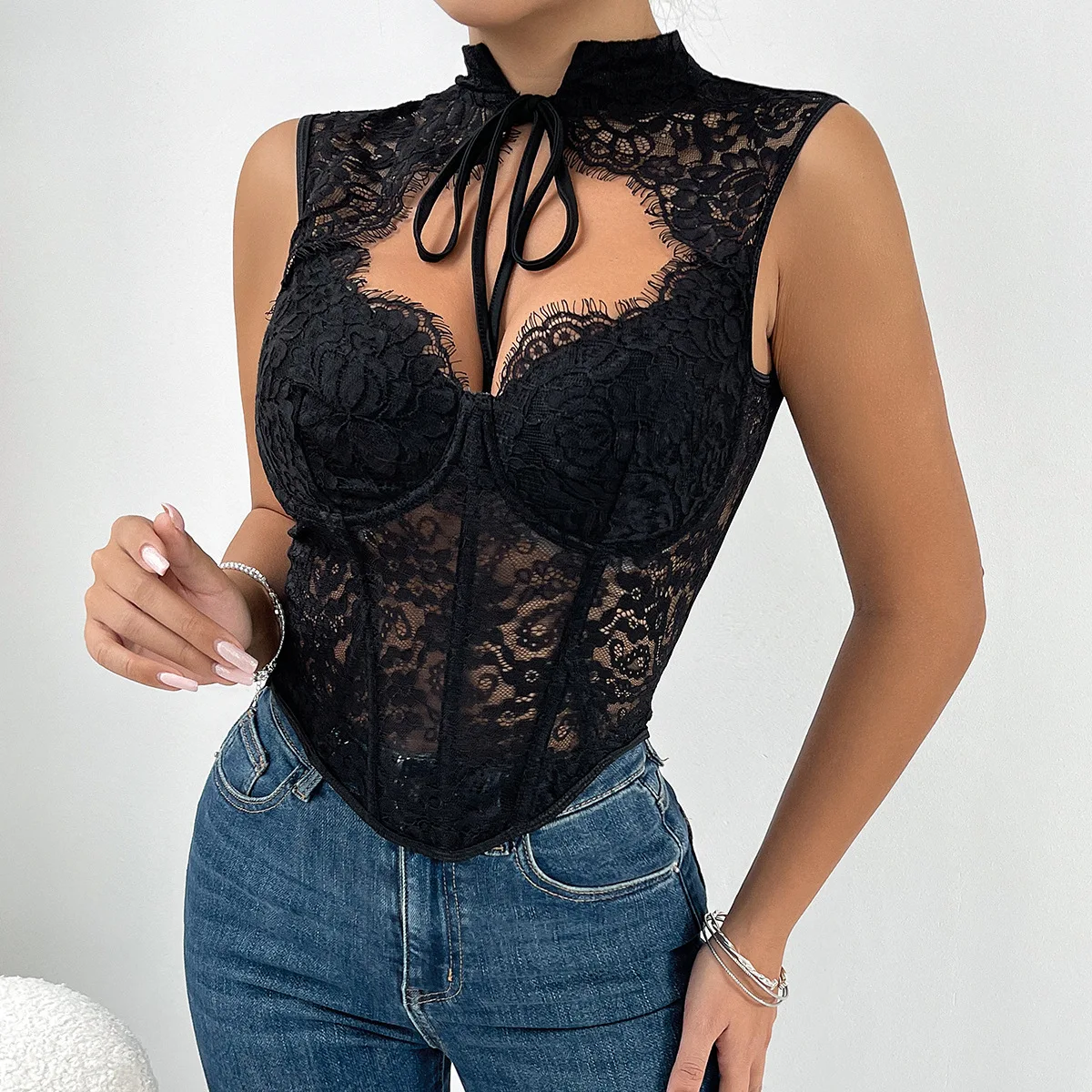 Women Lace Mesh Corset Tops 2024 Summer Fashion Sleeveless Bustier Crop Tank Top Sexy Solid Lingerie Vest Slim Camisole Blouses