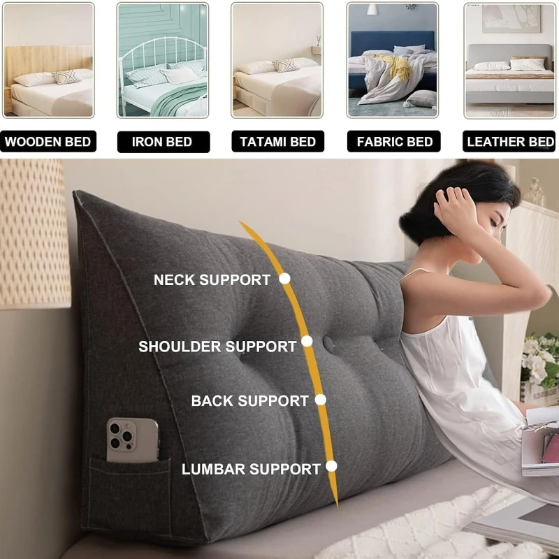 Bedrest Wedge Reading Pillow Large Back Support Pillow with Side Storage Pocket Triangle Bolster Cushion for Bed Reading Relax